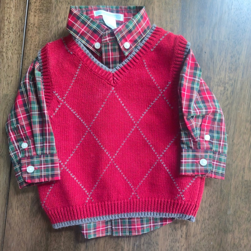 Janie and Jack Red Plaid Shirt and Argyle Sweater Vest Set 3-6 Months Holiday